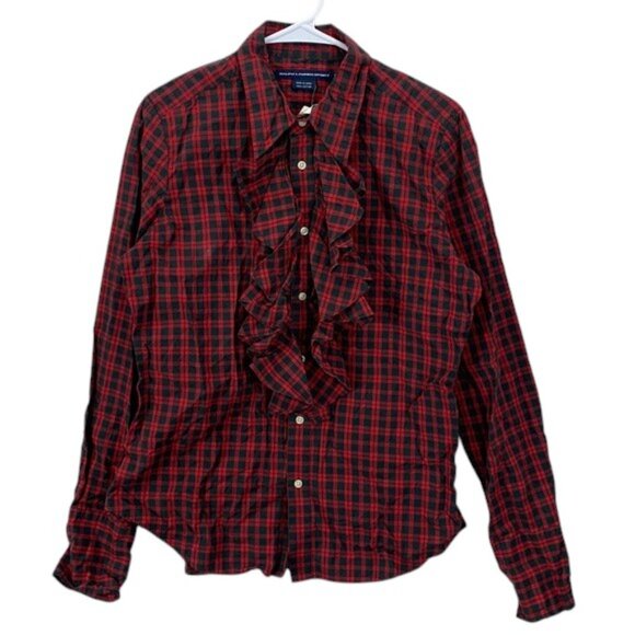 Ralph Lauren Sport Shirt Girls 14 Red Tartan Plaid Ruffled Button Up Cotton NWT - Picture 1 of 10